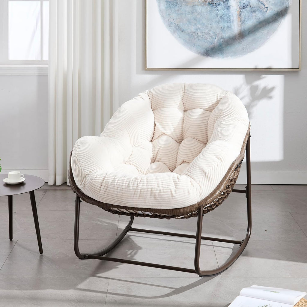 Rattan Rocking Chair for Indoor Outdoor Patio Oversized Wicker Egg Chair with Steel Frame Corduroy Padded Cushion Rocker Recliner Chair Comfy Lounger Papasan Chair for Living Room Garden, Beige