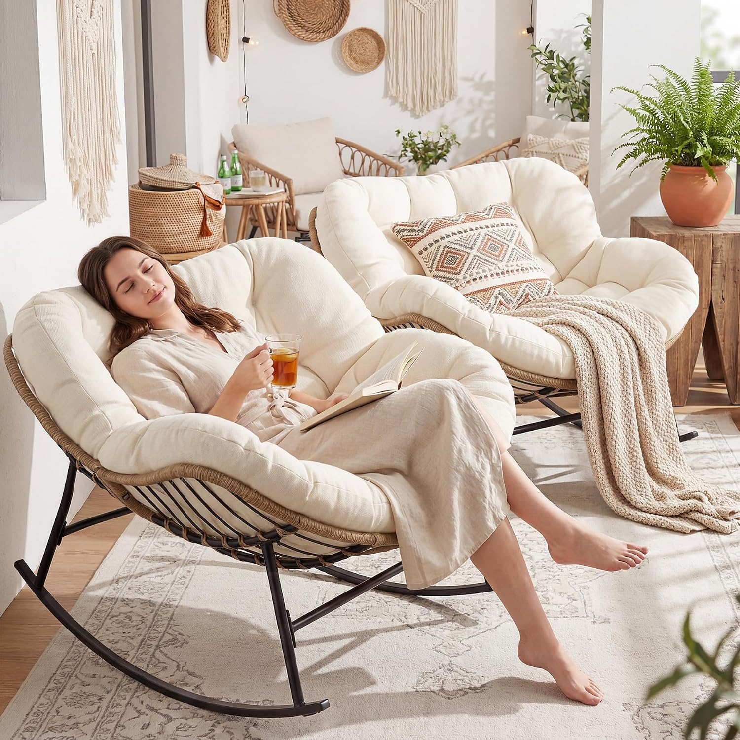 NICESOUL Outdoor Rocking Papasan Chair Set of 2 with Cushions, Comfy Oversized Padded Rockers, 2 Person Wicker Egg Gliders, 450Lbs Wide Recliner Lounge for Bedroom, Living Room, Porch, Balcony