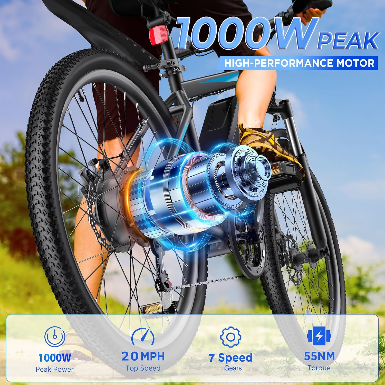 Electric Bike for Adults, 26' Ebike with 1000W Peak Motor, 20MPH 50Miles Electric Mountain Bike with 48V Removable Battery, 7-Speed, Front Suspension, LCD Display, UL 2849 Certified