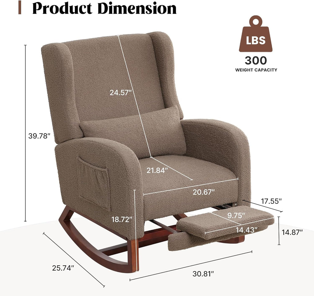 HCHAIRH Rocking Chair with Foot Rest, Teddy Wingback Nursery Rocking Chairs, Nursing Glider Rocker Chair with Pillow and High Back for Nursery, Living Room, Bedroom