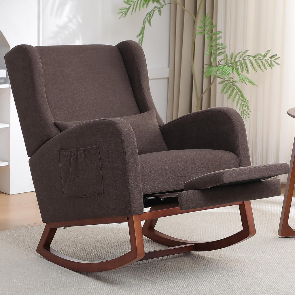 HCHAIRH Rocking Chair Nursery with Foot Rest, Wingback Nursery Rocking Chairs, Nursing Glider Rocker Chair with Pillow and High Back for Nursery, Living Room, Bedroom, Coffee