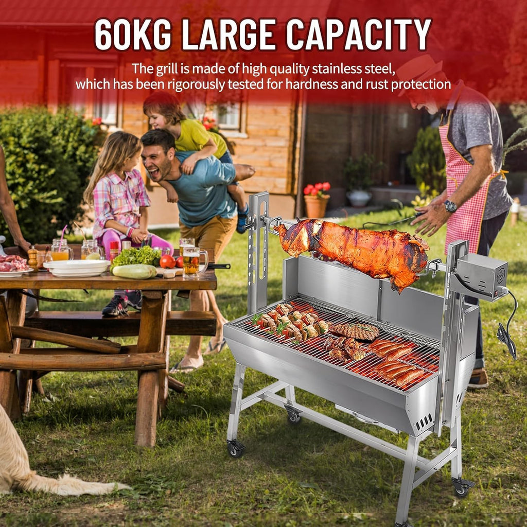 Electric Rotisserie Grill Kit with Windscreen, Large Charcoal Grill with Motor, Stainless Steel Automatic Pork Grill & Outdoor Lamb Goat Roaster, 132 Lbs Capacity for Camping Outdoor