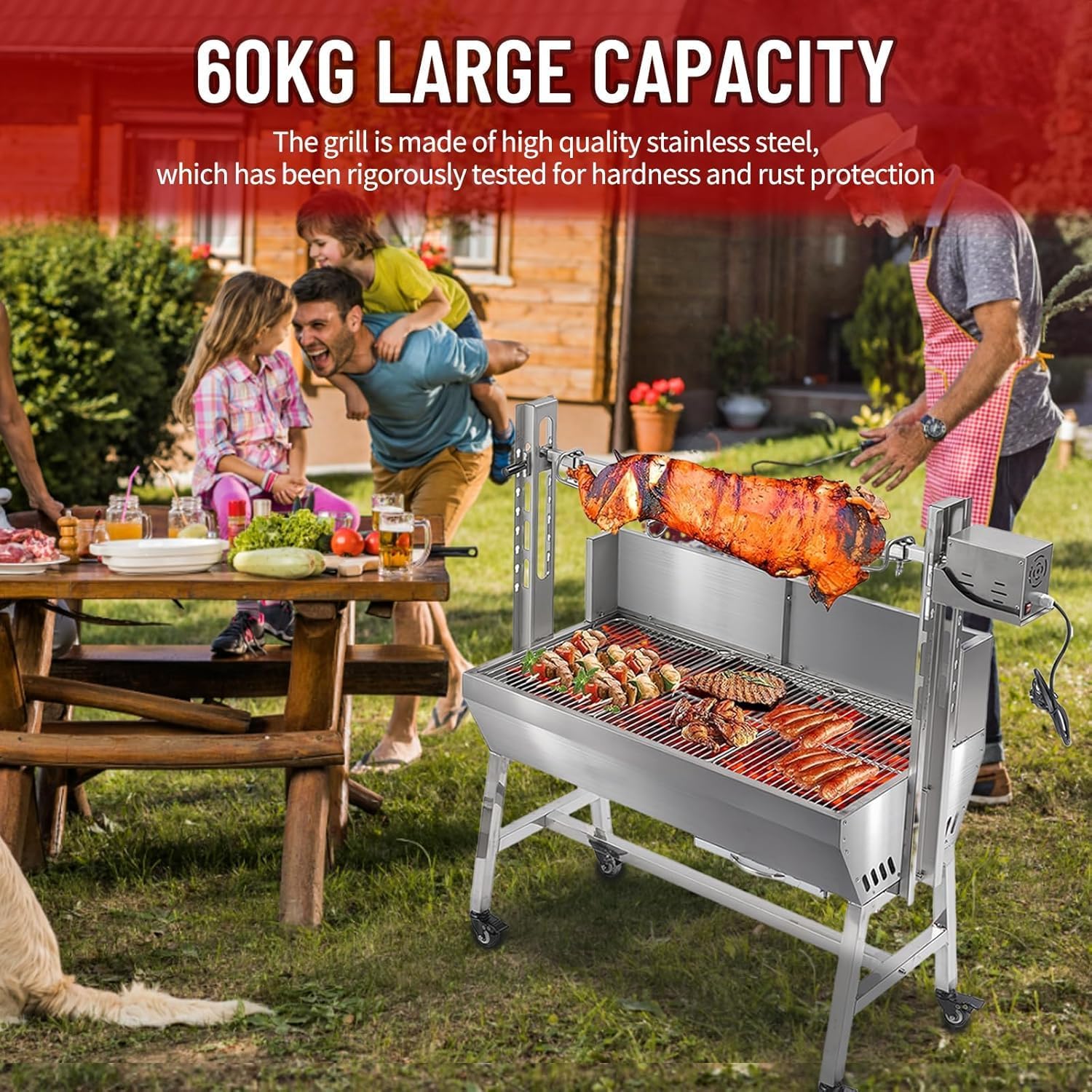Electric Rotisserie Grill Kit with Windscreen, Large Charcoal Grill with Motor, Stainless Steel Automatic Pork Grill & Outdoor Lamb Goat Roaster, 132 Lbs Capacity for Camping Outdoor