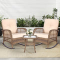 MEETWARM 3 Pieces Outdoor Wicker Rocking Chair Set, Rattan Patio Rocker Chairs Set with Cushions and Glass-Top Coffee Table, Conversation Bistro Set for Porch & Backyard - Beige