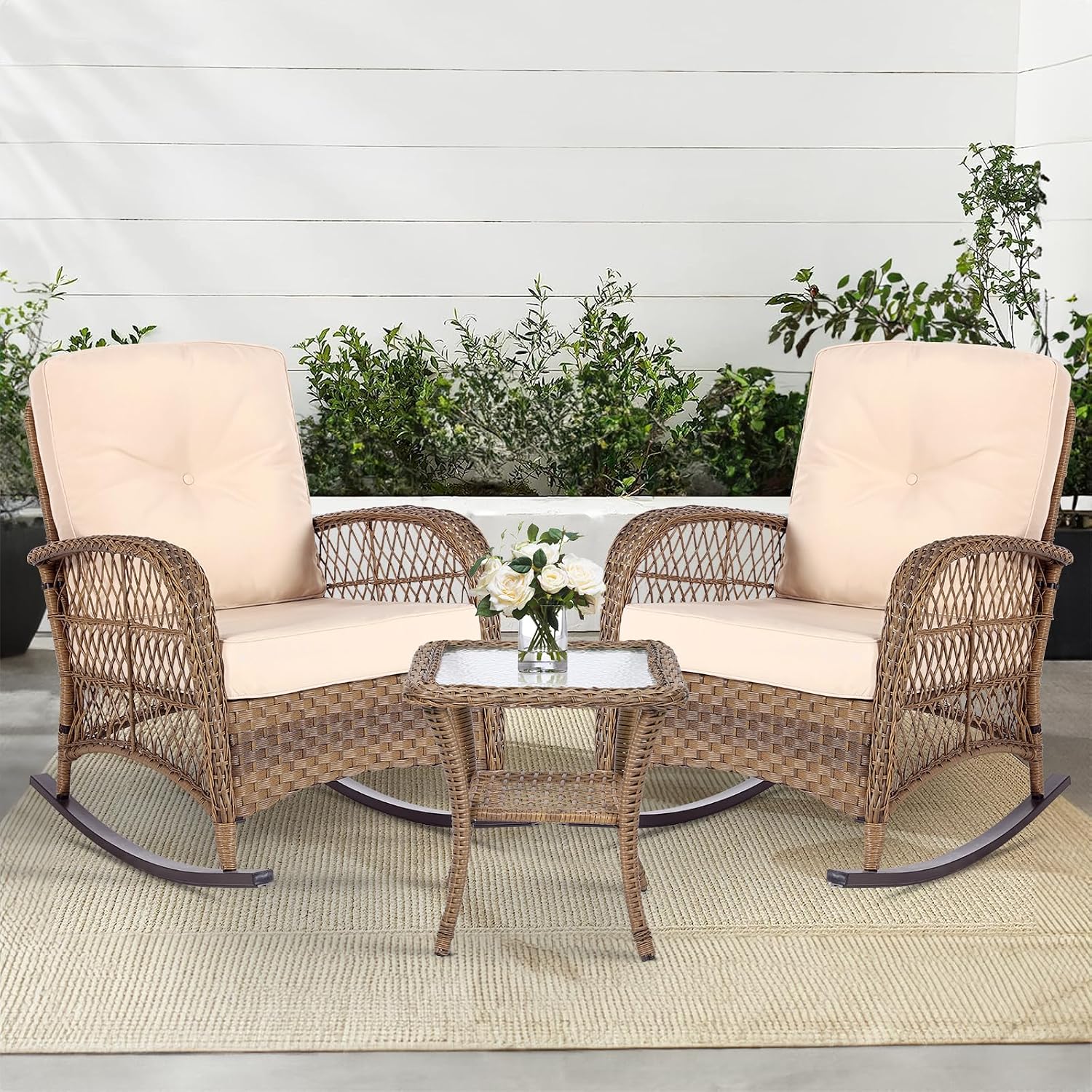 MEETWARM 3 Pieces Outdoor Wicker Rocking Chair Set, Rattan Patio Rocker Chairs Set with Cushions and Glass-Top Coffee Table, Conversation Bistro Set for Porch & Backyard - Beige