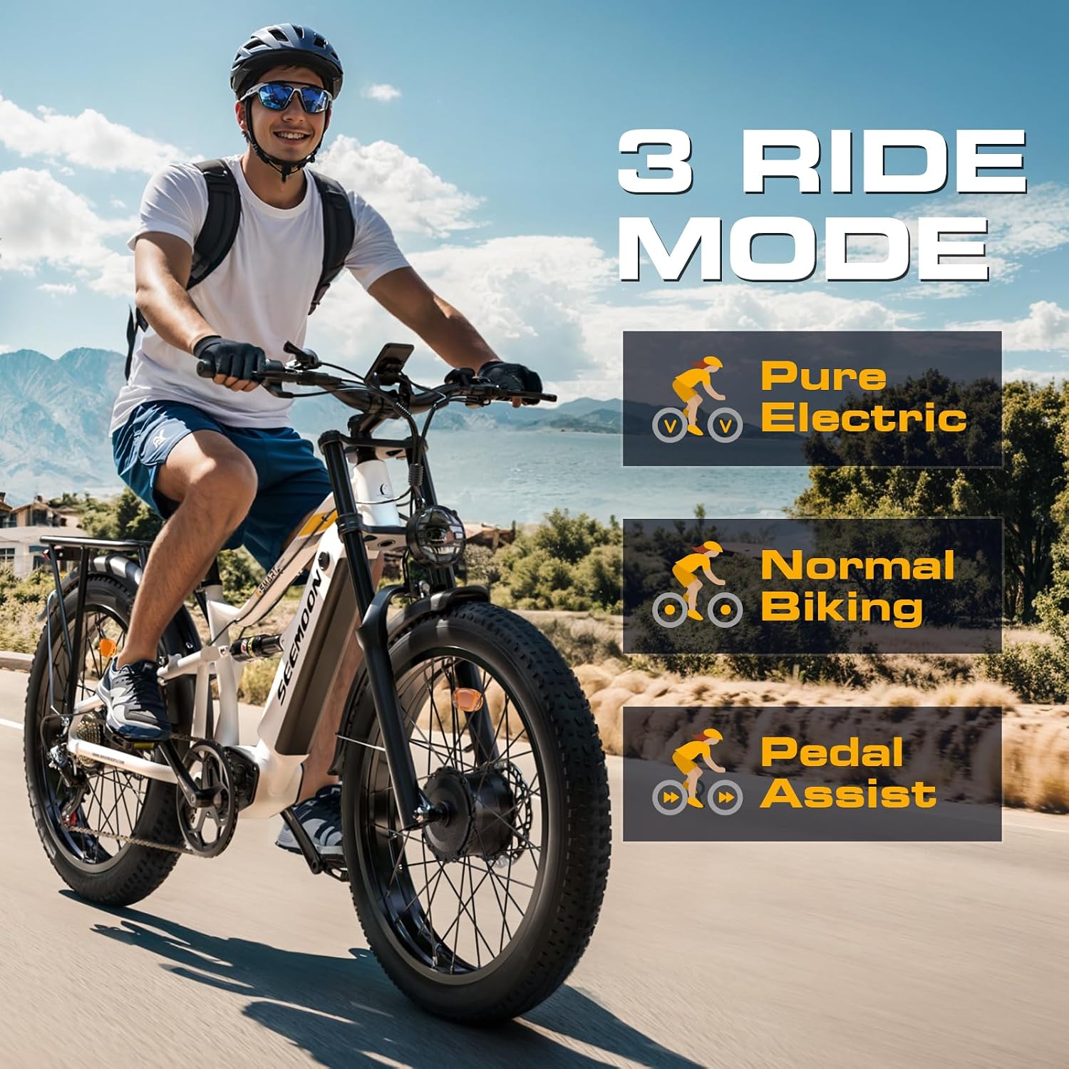 Seemoon Electric Bike for Adults, 52V 20Ah 26' Fat Tire Fast Ebike, up to 100 Miles, Hydraulic Brakes, Off-Road Mountain Hunting AWD Ebike for Men (White&Orange)