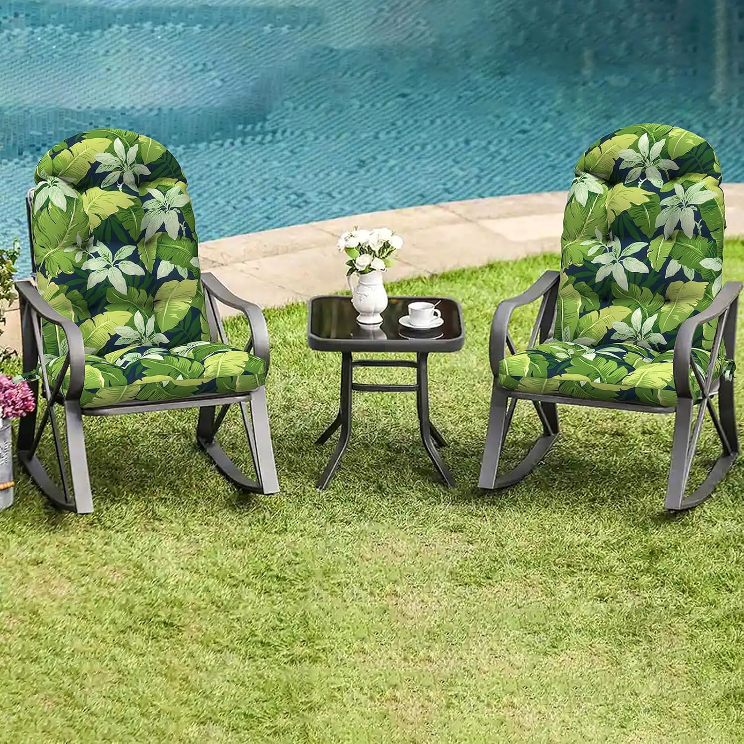 LVTXIII 2 Pack Outdoor Adirondack Chair Cushions, 44x19x4 Inch Water Repellent Patio Cushions for Rocking Chairs, Thick Tufted High Back Seat Cushion Set, Jungle Leaves