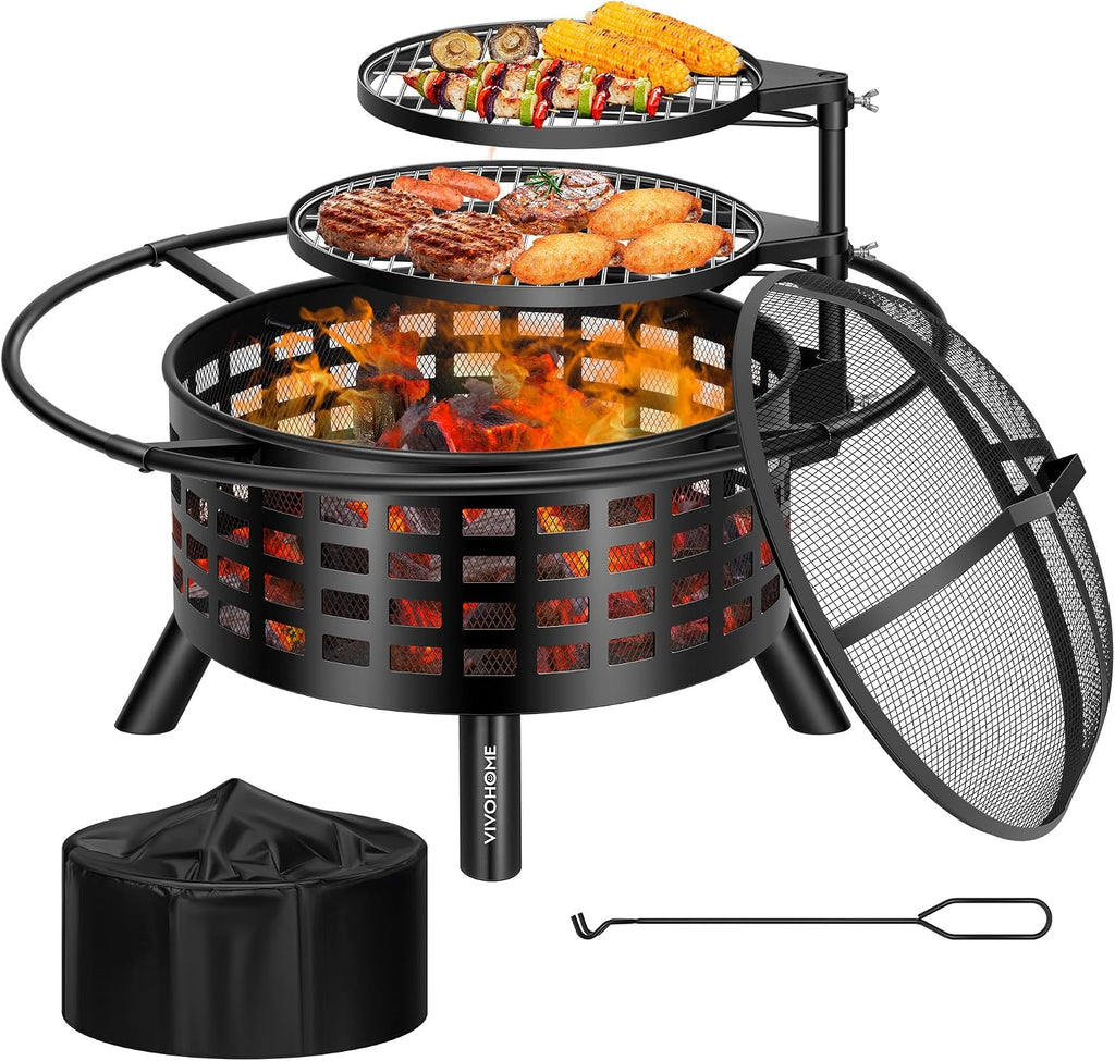 VIVOHOME 36-Inch Fire Pit with 2 Cooking Grill Grates, 2-in-1 Wood Burning Firepits with Spark Scrren & Waterproof Cover, Metal Grill for Backyard Bonfire BBQ Outdoor Camping Picnic
