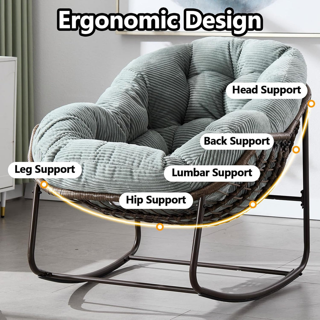 37' Papasan Rocking Chair with Cushion and Steel Frame, Oversized Outdoor Egg Rocking Chair, Rattan Circle Chairs for Grand Patio and Garden (Mint Green)