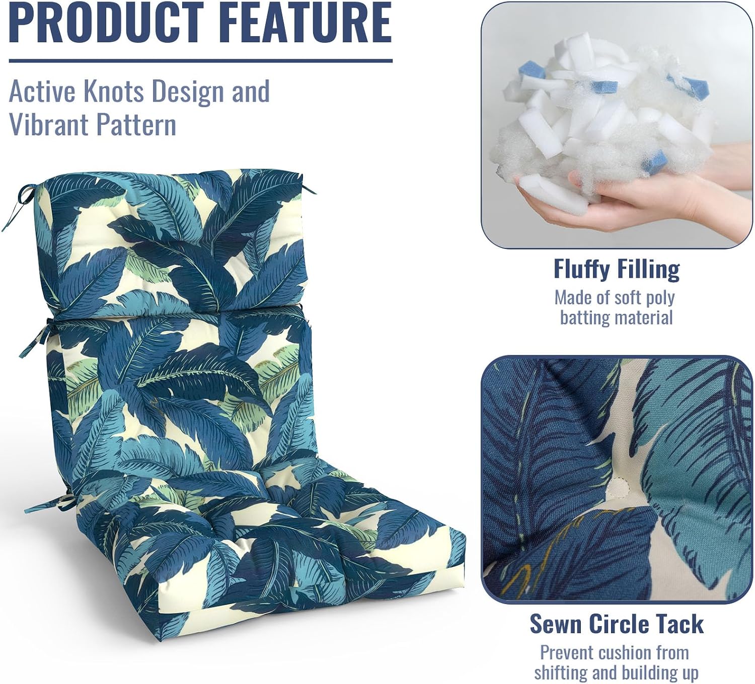 Outdoor High Back Patio Chair Cushions, Tufted Rocking Chair Cushions, Adirondack Cushions for Garden Porch Home Office Chair Use, 44' x 22' x 4', 2 Pack, Swaying Palms Blue