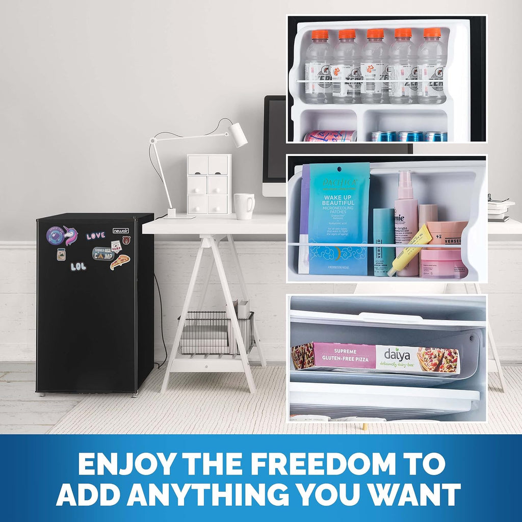 NewAir 3.3 Cu. Ft. Compact Mini Fridge with Chiller Compartment, Energy Star Certified, Single Door Refrigerator, Can Dispenser, Perfect for Dorm Rooms, Bedrooms, Home Offices, and RV Vans