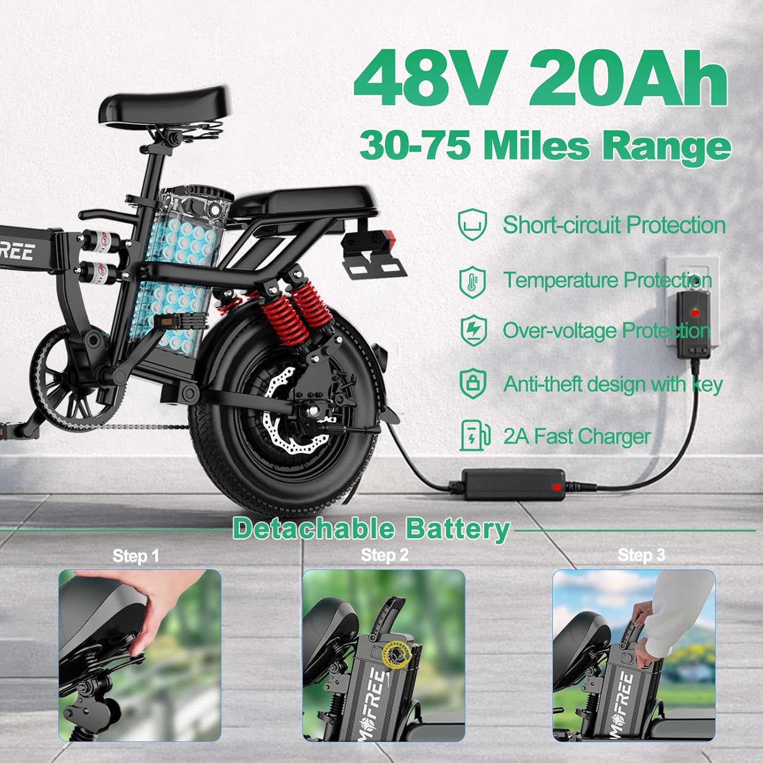 Tomofree Folding Electric Bike for Adults 20MPH Peak 750W EBike, 48V 20AH Removable Battery for Electric Bicycles,35-75Miles PAS Range, 10 Shock Absorbers, 14'' Fat Tire Foldable E-Bike, PAS E Bike
