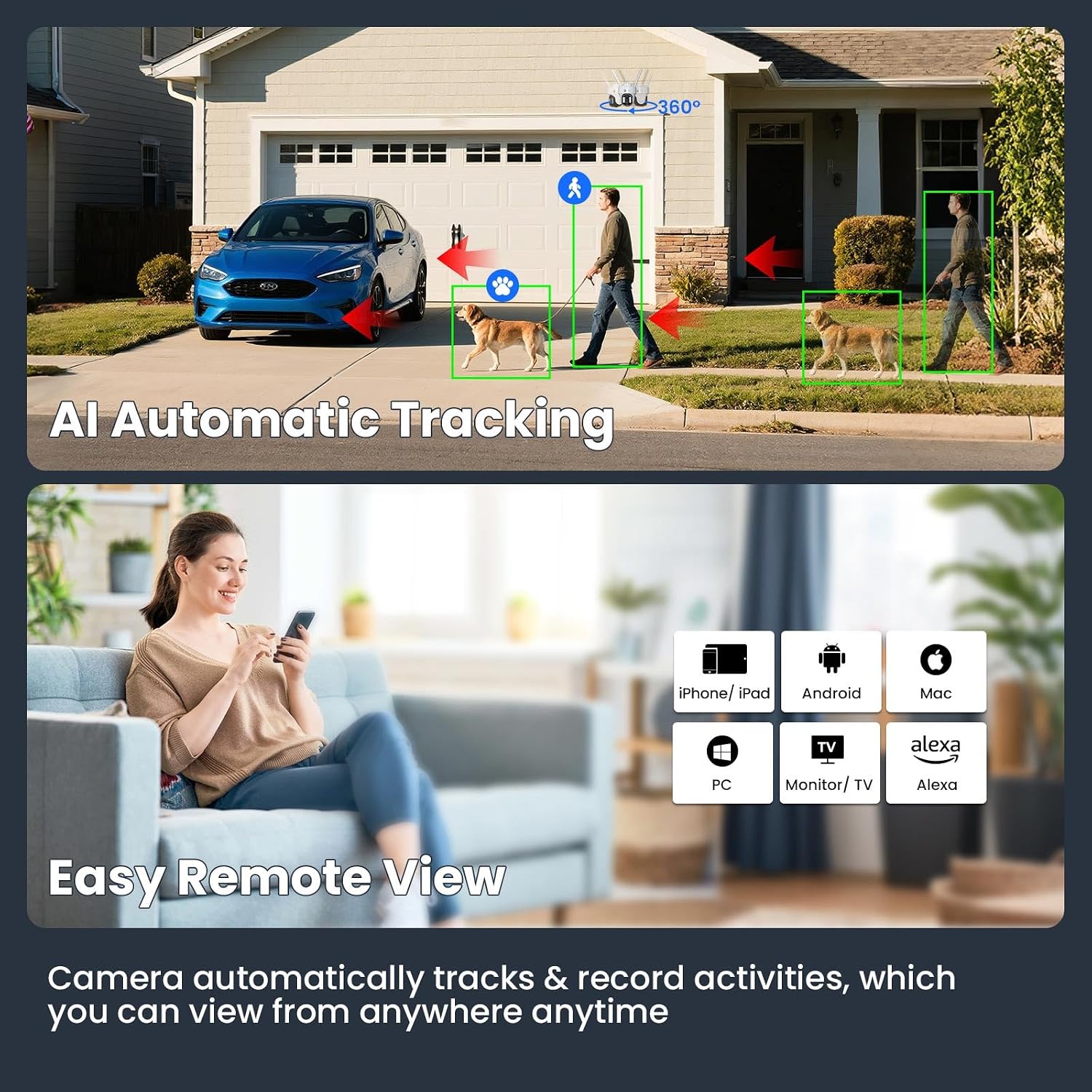 XMARTO 10X Zoom Mesh WiFi6 PTZ AI Tracking Security Camera System, 4-Cam 2K Dual Lens Kit, 10CH 4K Expandable NVR 1TB HDD, Long Range WiFi, Plug-in 24/7 Wireless Indoor/Outdoor Surveillance