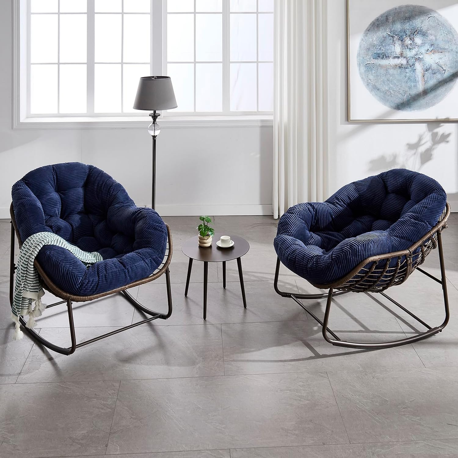 Rattan Rocking Chair for Indoor Outdoor Patio Oversized Wicker Egg Chair with Steel Frame Corduroy Padded Cushion Rocker Recliner Chair Comfy Lounger Papasan Chair for Living Room Garden, Navy Blue