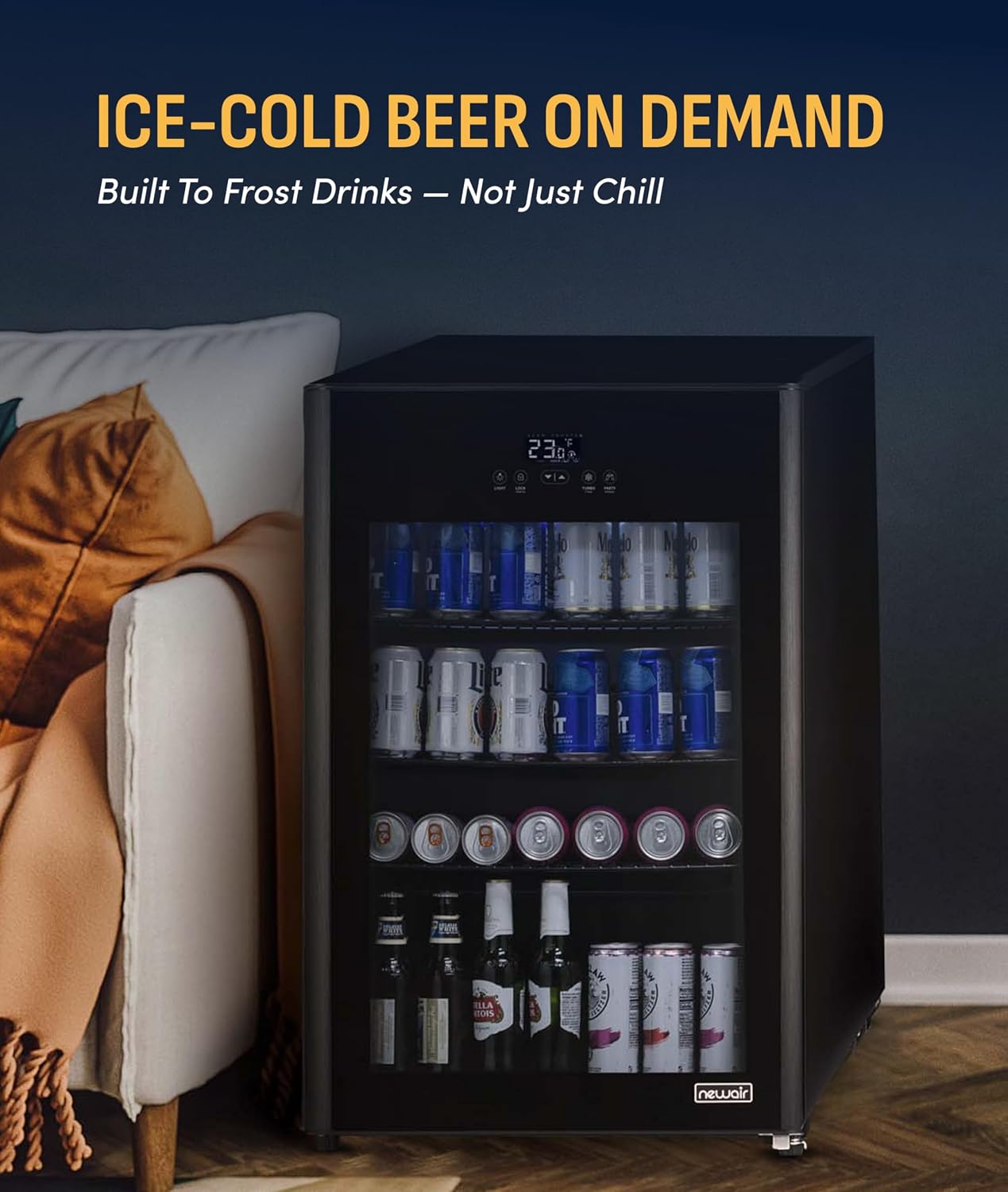 NewAir 125-Can Beer Froster | Ultra-Cold Mini Fridge for Bedroom, Gaming or Office | 23°F Beverage Cooler with Turbo & Party Mode | Black