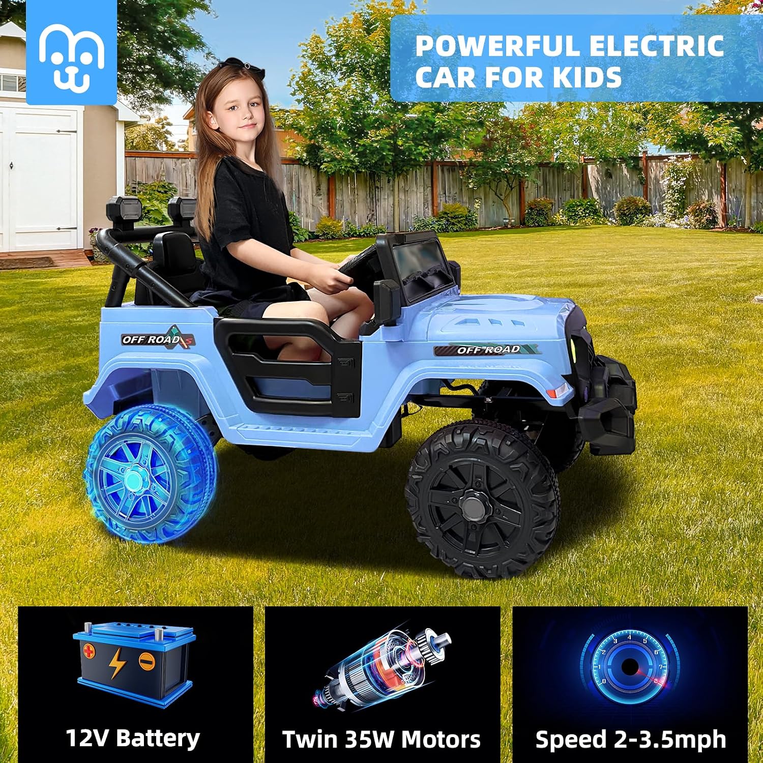 MINIATURE MOTORS 12V Kids Electric Ride on Truck Car Remote Control, Twin 35W Motors 3.5MPH Max Speed, Bluetooth Music Player, 4 Wheels Suspension LED Lights Safety Belt, Gift for Boys & Girls-Blue