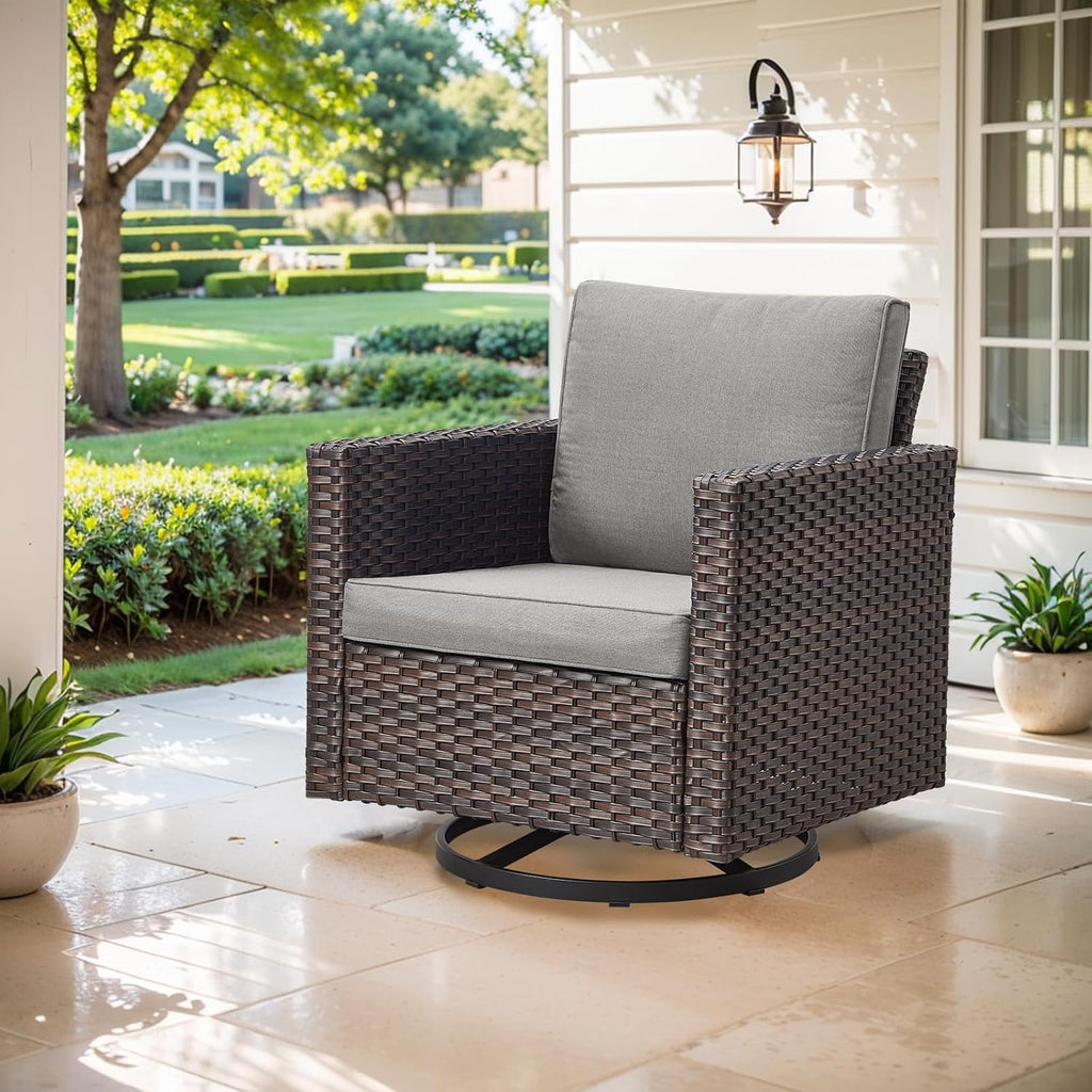 Outdoor Swivel Rocker Patio Chair-All-Weather Rattan Wicker Outdoor Swivel Chair Patio Chairs for Deck Porch Garden Balcony-Brown/Grey