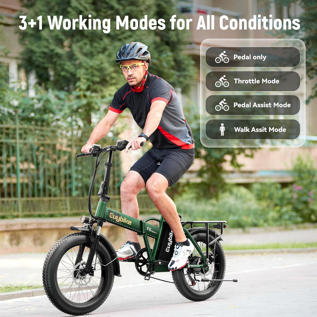 EUYBIKE Foldable Electric Bike for Adults, 30+MPH, 48V 20Ah Removable Battery up to 80Miles, 20' Fat Tire 1000W Peak Motor Adult Electric Bicycle for Beach Mountain E Bike Green with Safety Seat