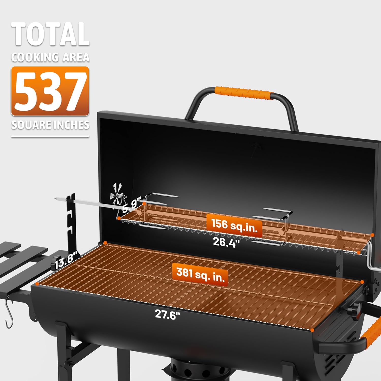 KEYO GRILL 29-Inch Barrel Charcoal Grill, Heavy duty BBQ Grill with Manual Rotisserie Meat Fork, Detachable Windproof Ash Collector Barbecue Smoker Grill Combo for Backyard, Patio and Parties