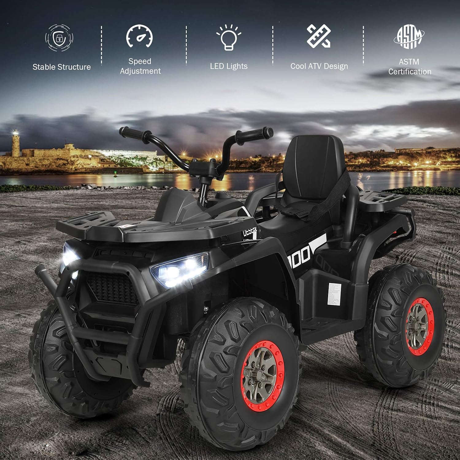 Costzon Kids ATV, 12V Battery Powered Electric Vehicle w/Safety Belt, LED Light, Music, Horn, 2 Speeds, USB/ MP3/TF, Treaded Tires, Ride on Car 4 Wheeler Quad for Boy & Girl Gift, Ride on ATV, Black