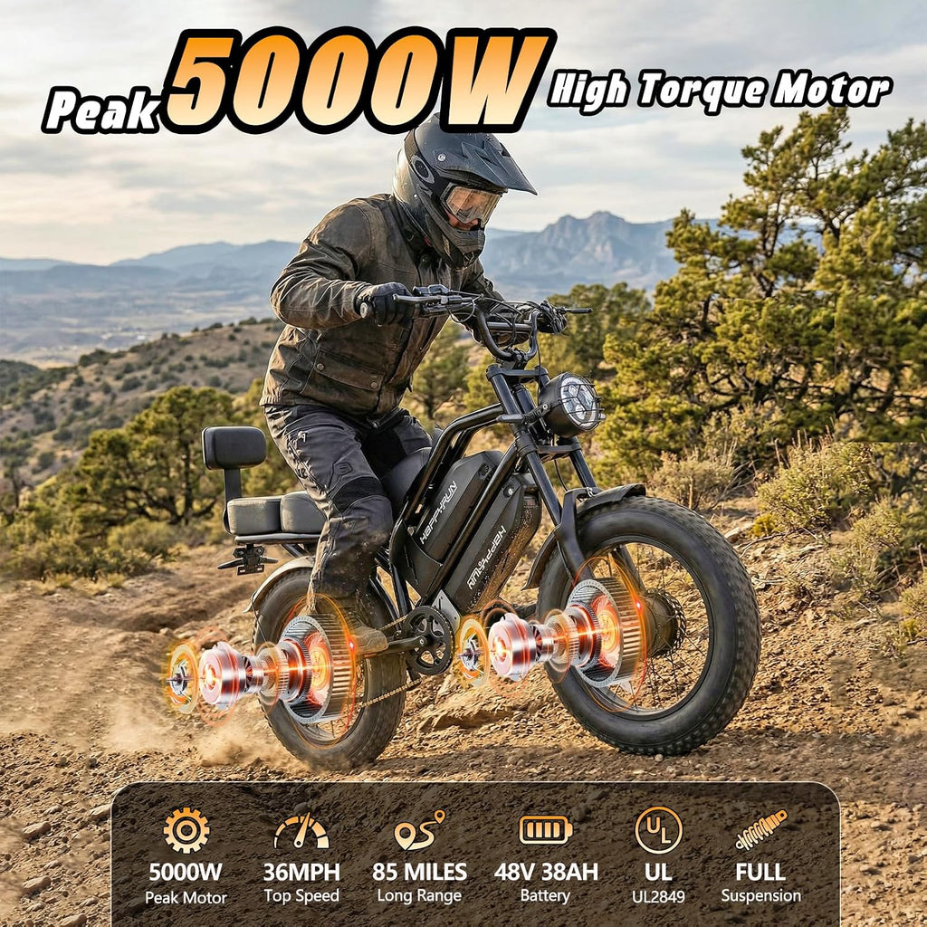 HAPPYRUN G70 Pro Dual Motor Electric Bike for Adults 5000 Peak Motor Removable Dual Battery All-Terrain 20' Fat Tire Ebike 36MPH 85+ Miles 38Ah Battery Hydraulic Disc Brake
