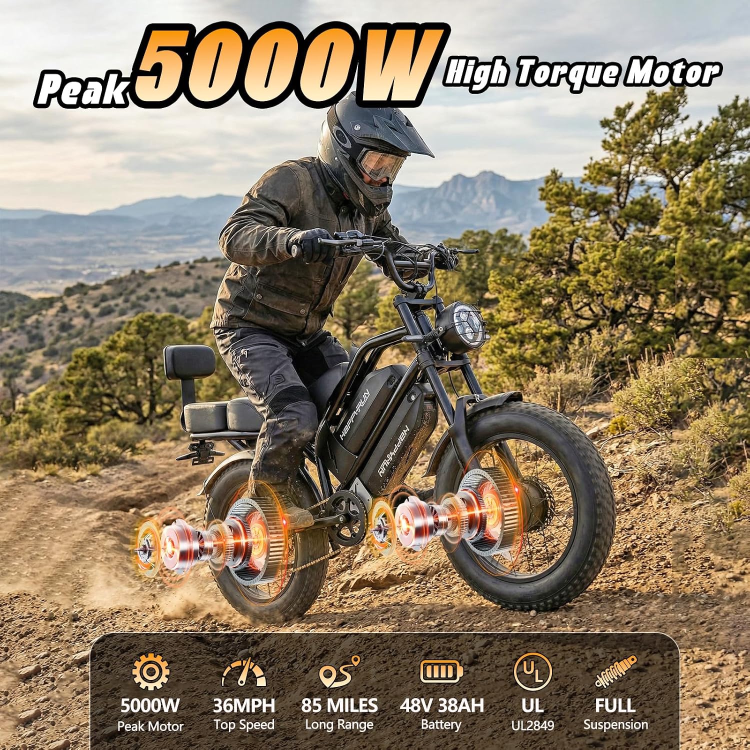 HAPPYRUN G70 Pro Dual Motor Electric Bike for Adults 5000 Peak Motor Removable Dual Battery All-Terrain 20' Fat Tire Ebike 36MPH 85+ Miles 38Ah Battery Hydraulic Disc Brake