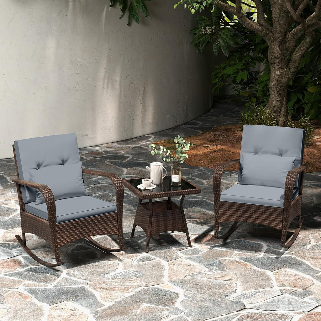 Tangkula 3 Pieces Rocking Bistro Set, Patiojoy Outdoor PE Rattan Rocker Chairs with Removable Cushions & Tempered Glass Top Coffee Table, Outdoor Wicker Furniture Set for Porch, Garden (Grey)