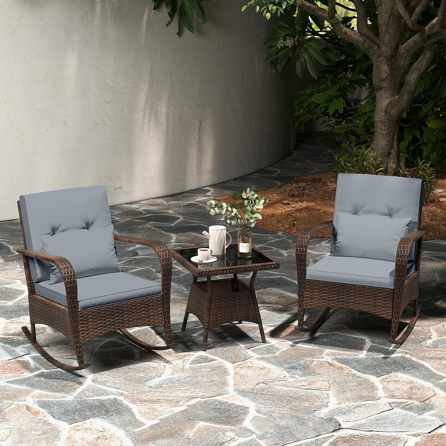 Tangkula 3 Pieces Rocking Bistro Set, Patiojoy Outdoor PE Rattan Rocker Chairs with Removable Cushions & Tempered Glass Top Coffee Table, Outdoor Wicker Furniture Set for Porch, Garden (Grey)