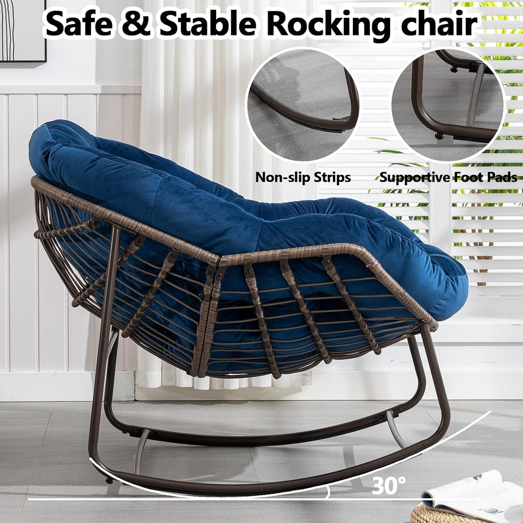 HRVEOCEI Papasan Rocking Chair with Cushion and Frame, Oversized Rocking Chair Indoor/Outdoor, Circle Chairs for Patio Garden Front Porch, Corduroy/Velvet (Navy Blue)