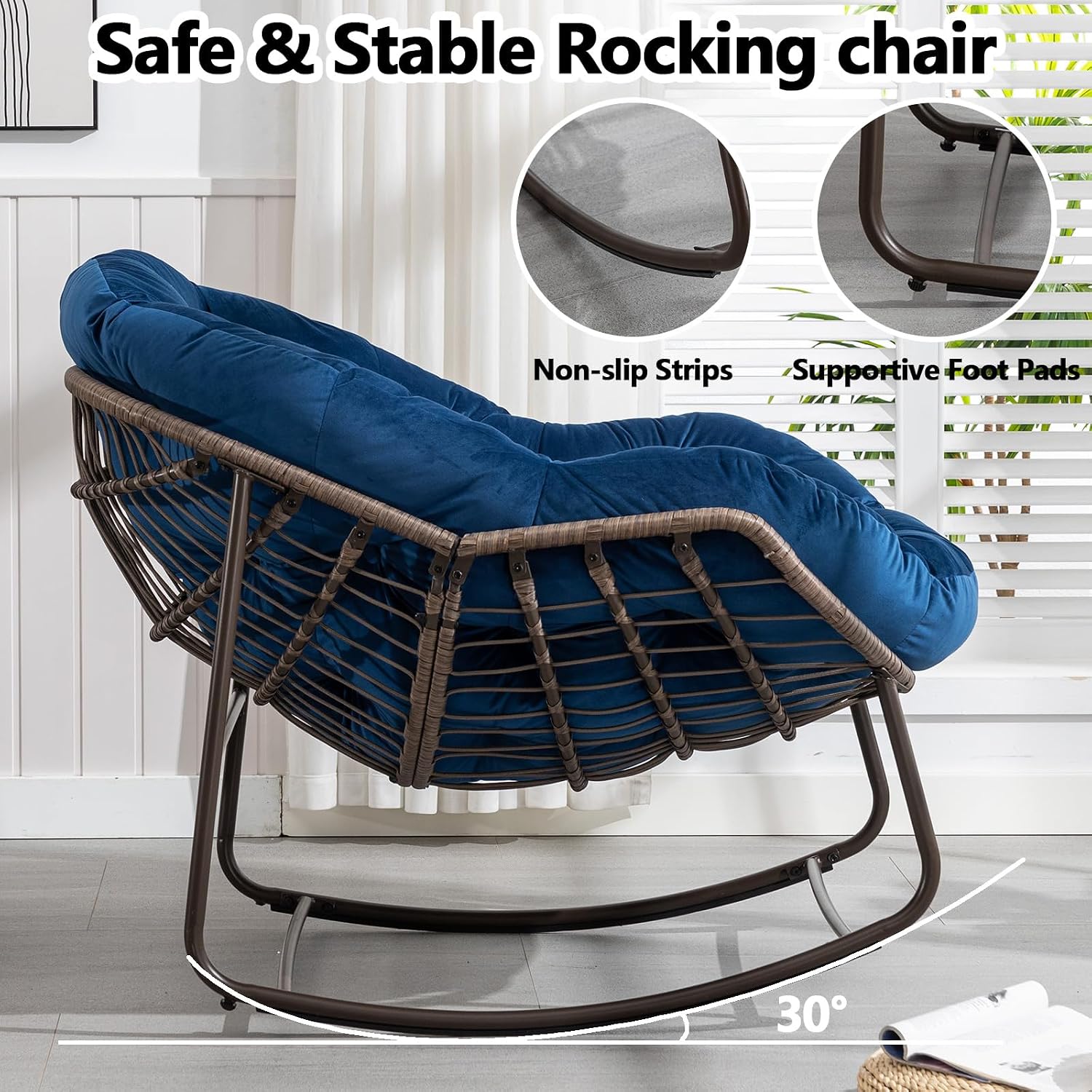 HRVEOCEI Papasan Rocking Chair with Cushion and Frame, Oversized Rocking Chair Indoor/Outdoor, Circle Chairs for Patio Garden Front Porch, Corduroy/Velvet (Navy Blue)