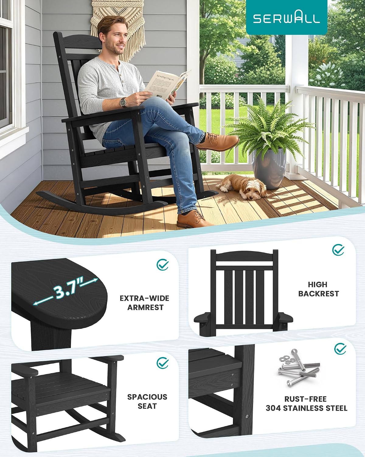 SERWALL Oversized HDPE Outdoor Rocking Chair Set of 4, Patio Rocking Chairs, All-Weather Porch Rockers for Adults, Black