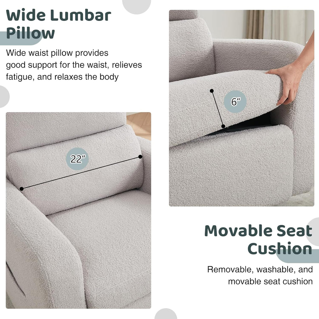 Swivel Rocker Recliner, Oversized Teddy Manual Nursery Glider Rocking Recliner with Removable Cushion, Upholstered Boucle Swivel Reclining Chair for Nursery Living Room Bedroom, Teddy Gray