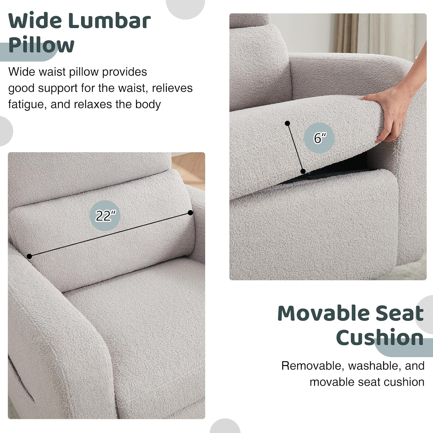 Swivel Rocker Recliner, Oversized Teddy Manual Nursery Glider Rocking Recliner with Removable Cushion, Upholstered Boucle Swivel Reclining Chair for Nursery Living Room Bedroom, Teddy Gray