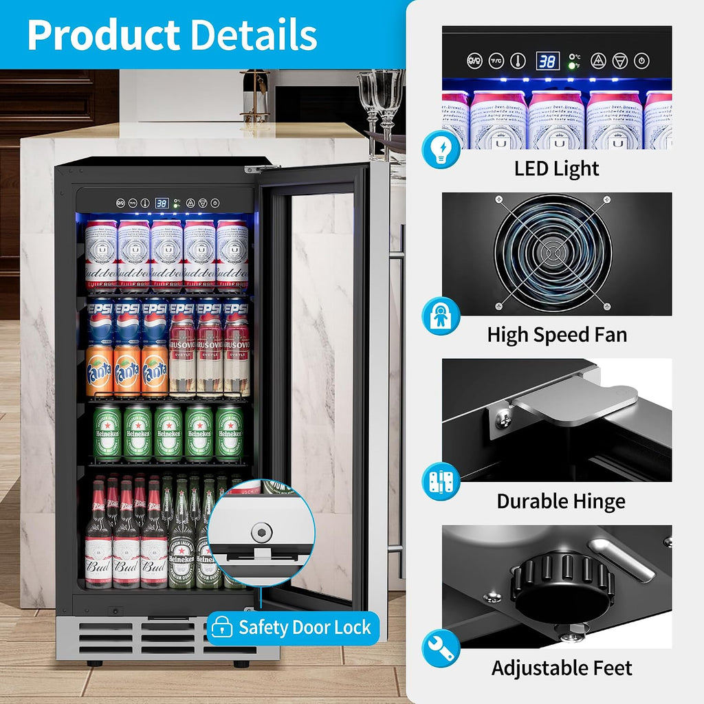 Feelfunn 15 Inch Beverage Refrigerator Under Counter - 126 Cans Beverage Fridge with Glass Door for Beer Wine Soda - Built-in or Freestanding Wine Cooler with Safety Lock for Home Kitchen Bar