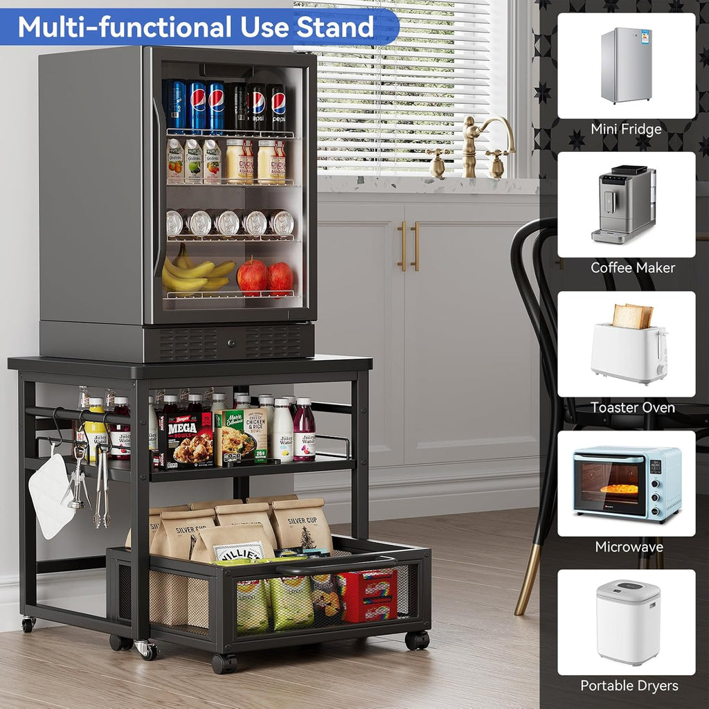 DDJ Mini Fridge Stand with Storage, 21 x 21 in Heavy Duty Mini Fridge Table with Pull-out Shelf and Lockable Wheels, Compact Refrigerator Stand with Drawer Basket for Home Office, Black