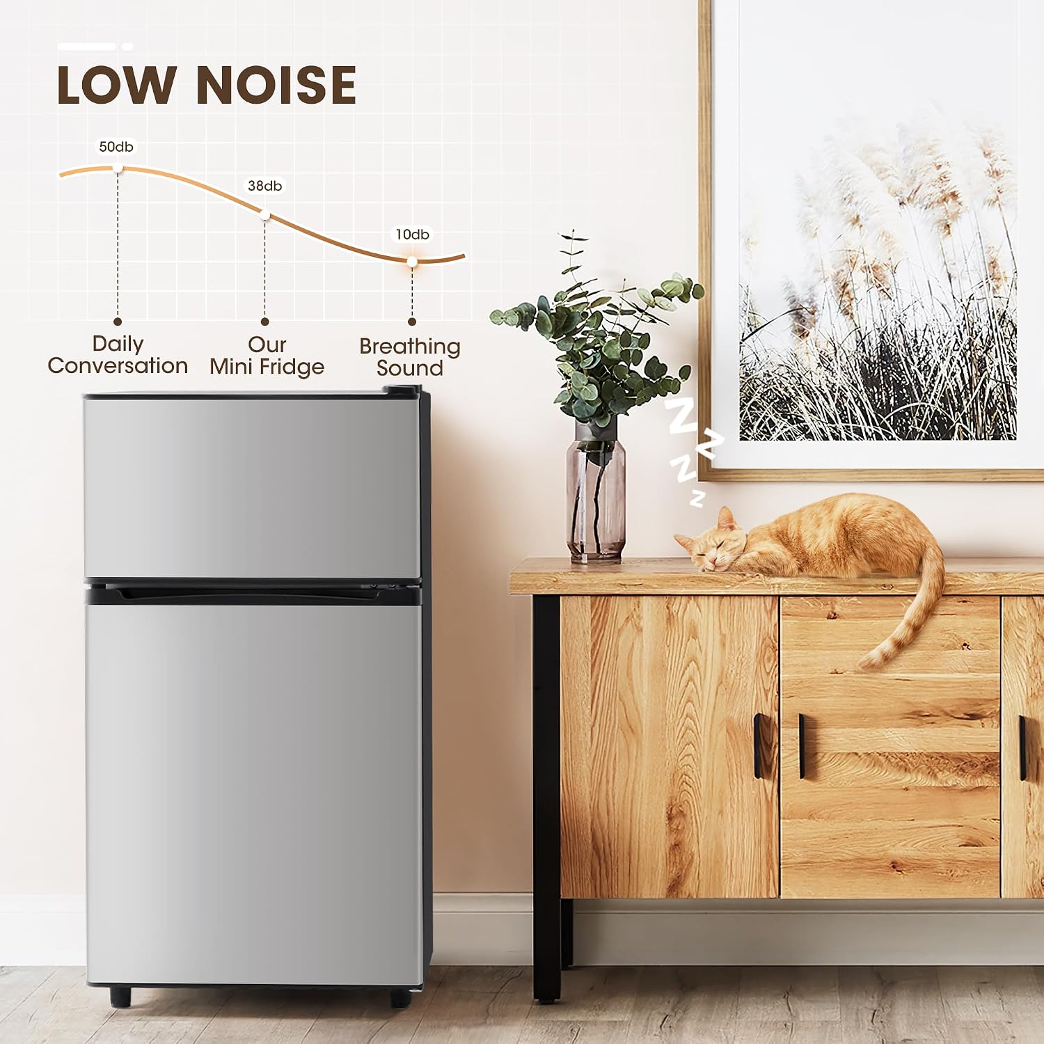 Manastin 3.5 Cu.Ft 2 Door Mini Fridge with Freezer, Small Refrigerator, 7 Level Adjustable Thermostat, Compact Fridge for Living Room, Dorm, Office, Kitchen and Apartment (Silver)