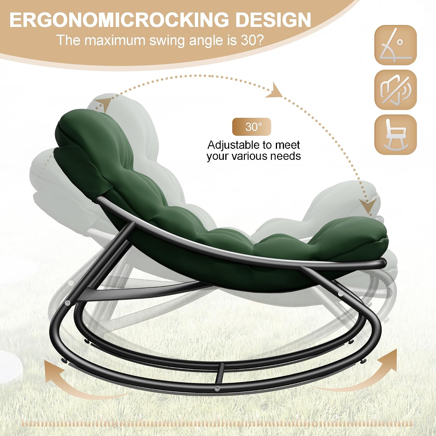 Outdoor Rocking Chair, Oversized Patio Papasan Rocking Chair with Cushion, Modern Comfy Lounge Rocker Chairs for Indoor Balcony Porch (Green)