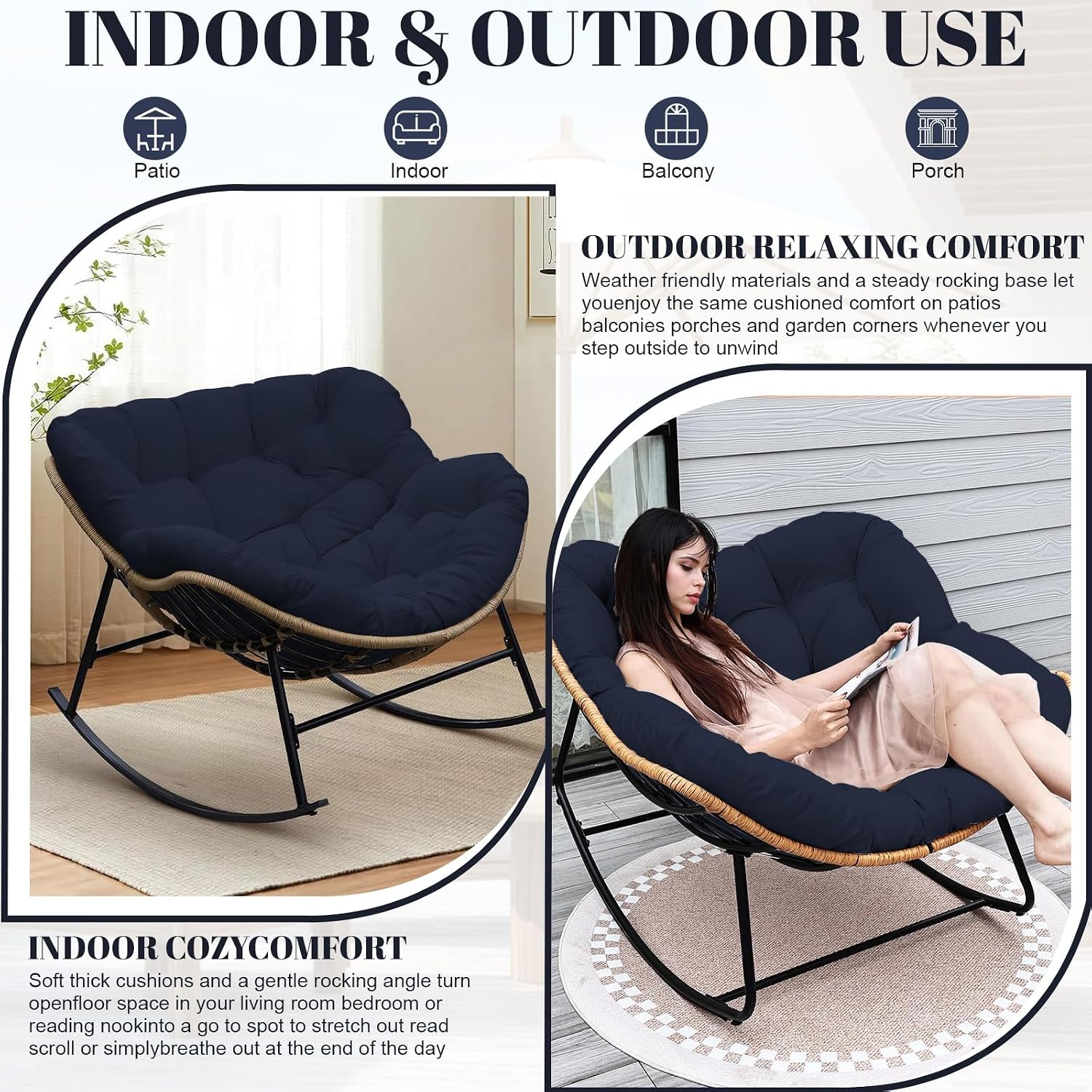 Thickened Waterproof Papasan Rocking Chair Cushion, 6.3'' Patio Egg Chair Pad with Ties, Outdoor/Indoor Rattan Hammock Cushions for Porch, Garden, Balcony(Only Cushion no Chair) (Navy Blue)