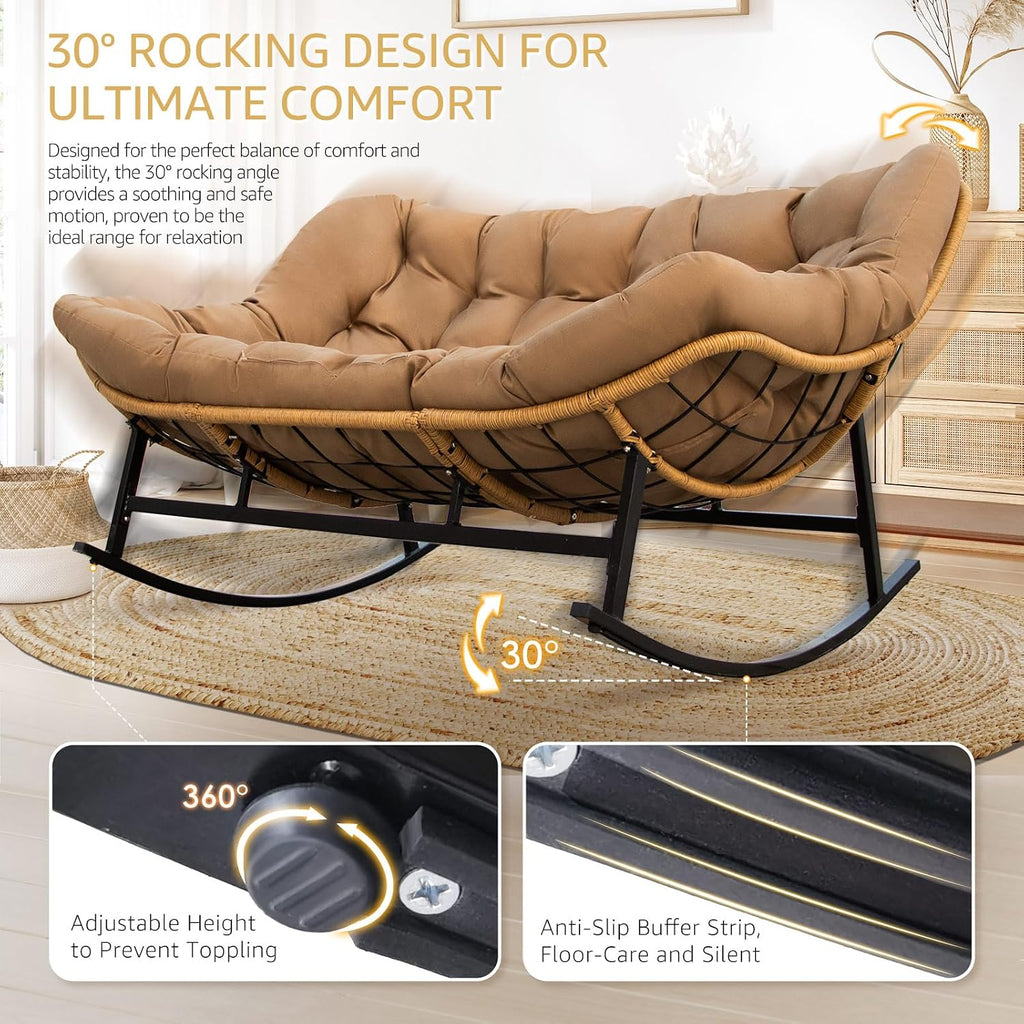 NICESOUL Patio Double Rocking Papasan Chair with Ottoman, Indoor Outdoor Padded Rocking Chair for 2 Person, Oversized Egg Loveseat Wide Rattan Cozy Royal Rocker for Lawn, Garden, Deck, Tan