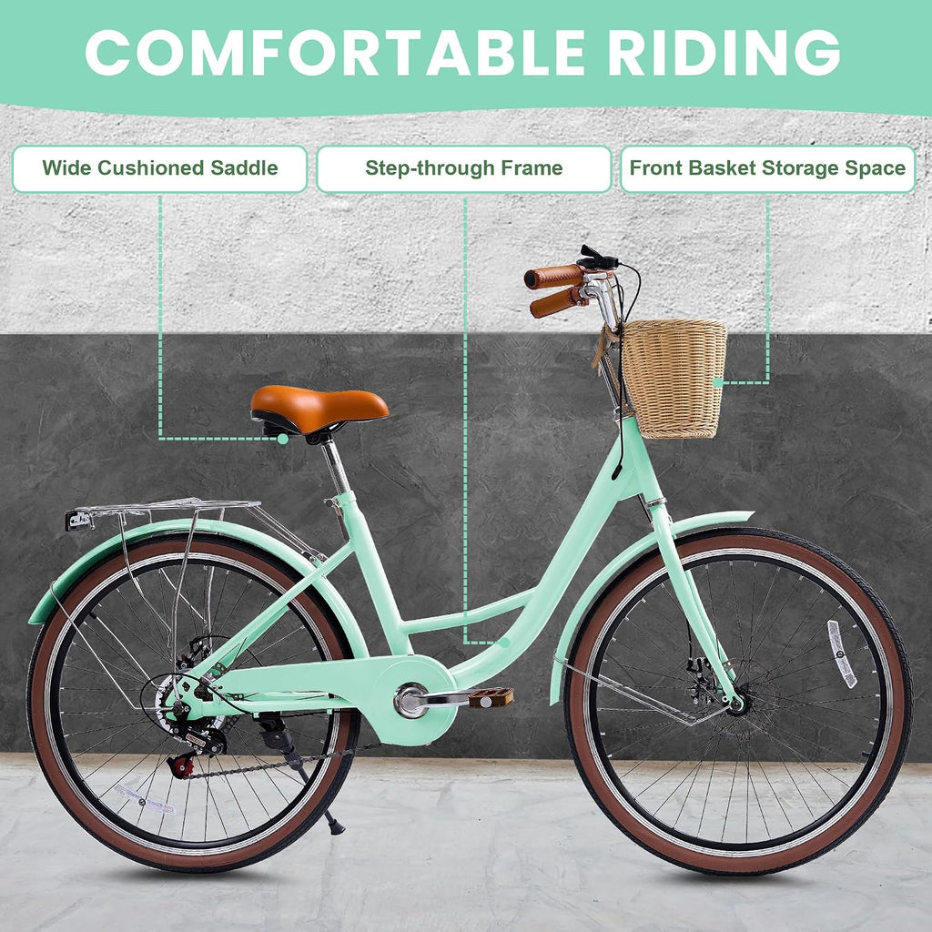 DEYGIA Beach Cruiser Bike for Women, 24 26 inch 7 Speed Commute Bike for Adults, Womens Bicycle with Ratten Basket and Adjustable Seat, Lightweight Step Through Bike for Adults Women Ladies