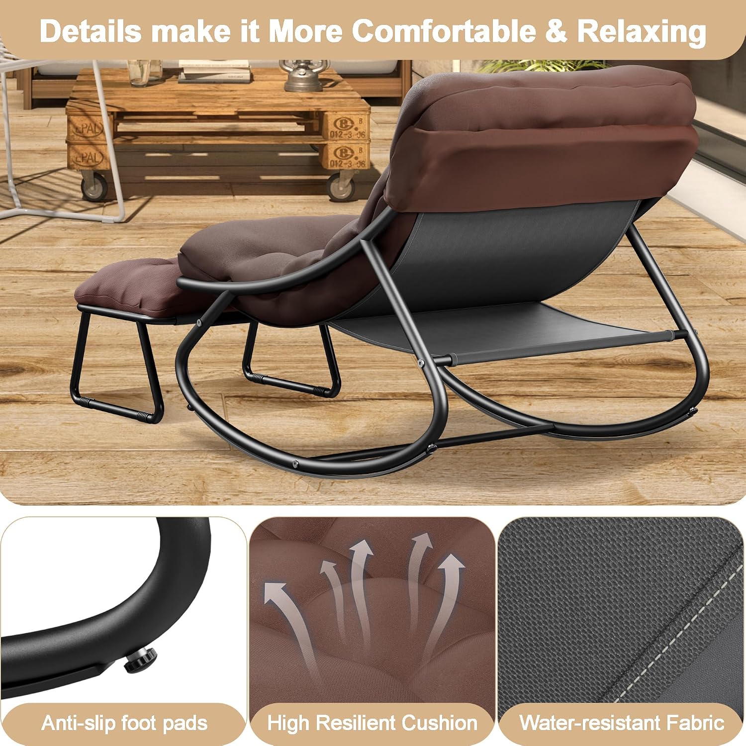 Outdoor Rocking Chair, Oversized Patio Papasan Rocking Chair with Cushion, Modern Comfy Lounge Rocker Chairs for Indoor Balcony Porch (Brown)