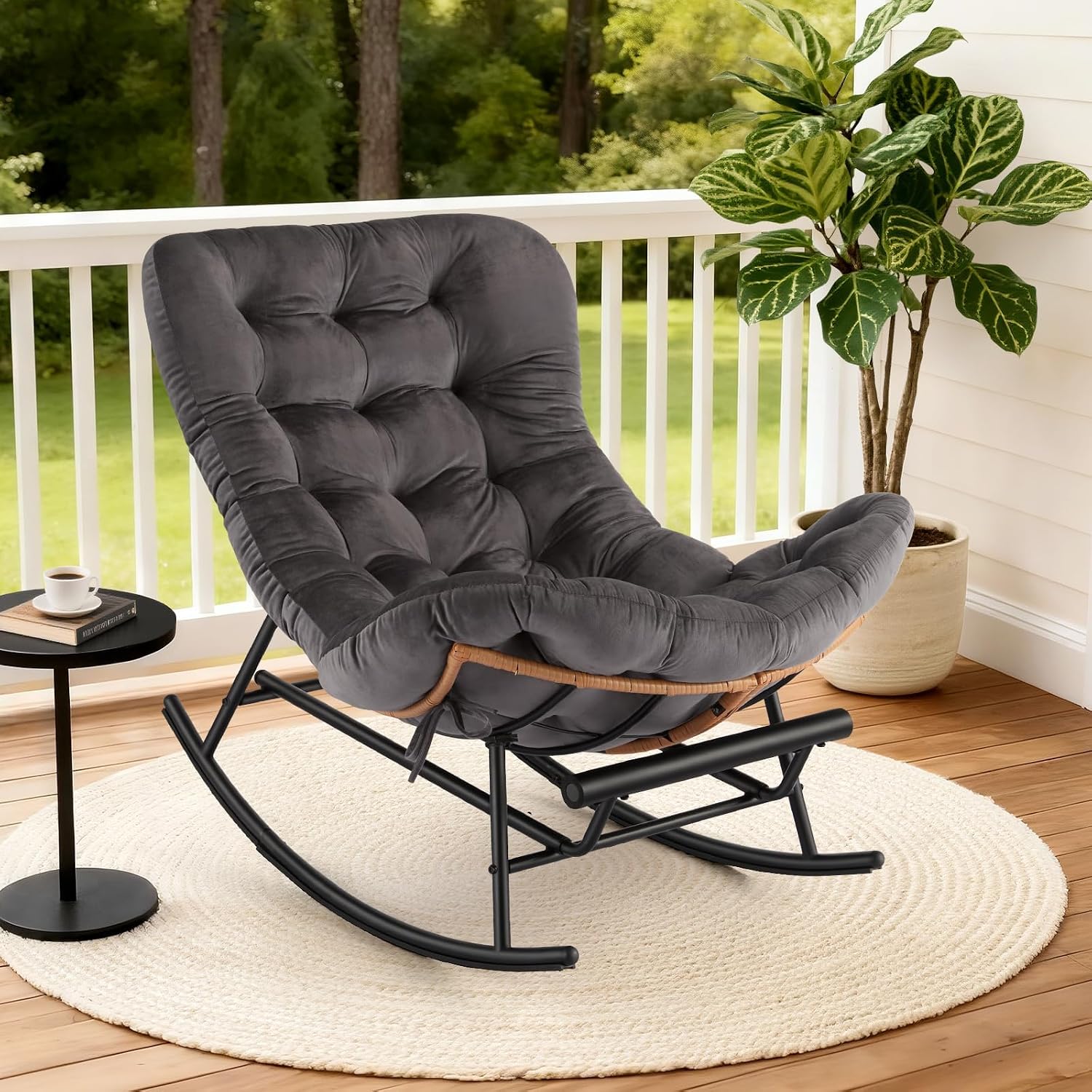 Takywep Rocking Chair - Oversized Outdoor Rocking Chairs with Footrest, Indoor Papasan Rocker Egg Chair for Bedroom, Living Room, Porch, Garden, Lawn (Dark Grey-Flannel)