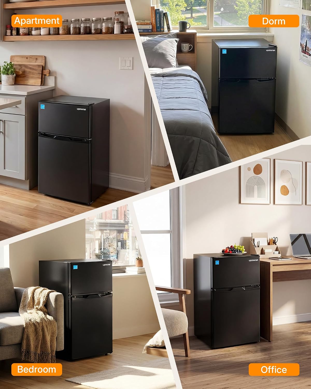 Upstreman 3.1 Cu.Ft Mini Fridge with Freezer, Double Door Small Refrigerator, Adjustable Thermostat, Energy Star Certified Low Noise Mini Refrigerator for Bedroom, Dorm, Apartment Black-TM31