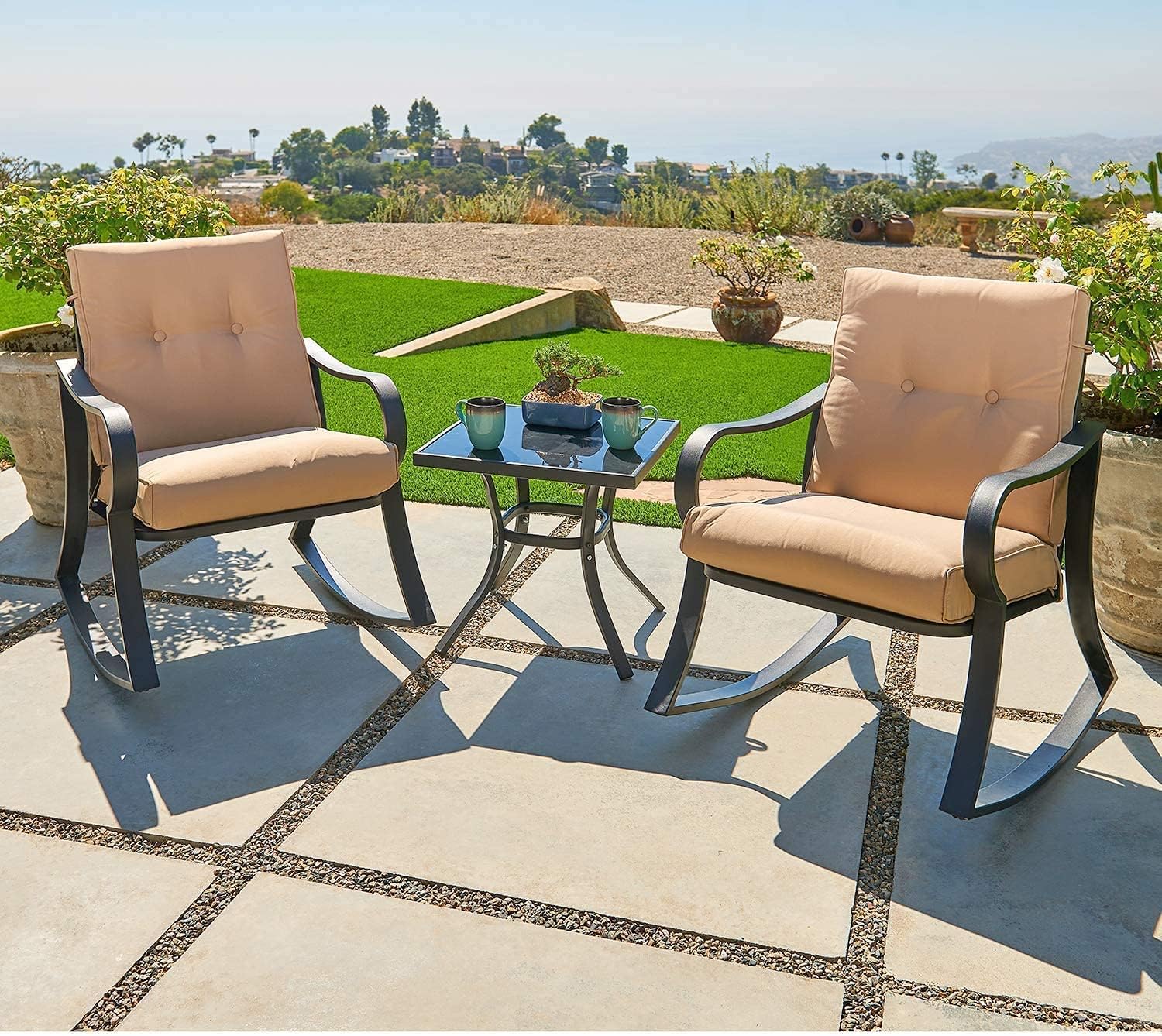 Oakcloud Oakmont Outdoor Furniture 3 Piece Conversation Bistro Set Rocking Chairs and Glass Top Table, Thick Cushions, Black Steel (Brown)