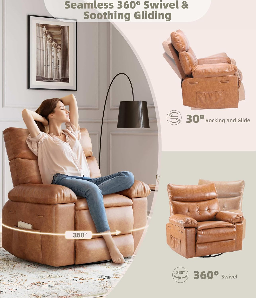 GarveeHome Leather Recliner Chair - Heat and Massage, Swivel Rocker Manual Recliner for Adults, Lazy Rocking Chair with Comfort Arms and Back Single Sofa for Living Room