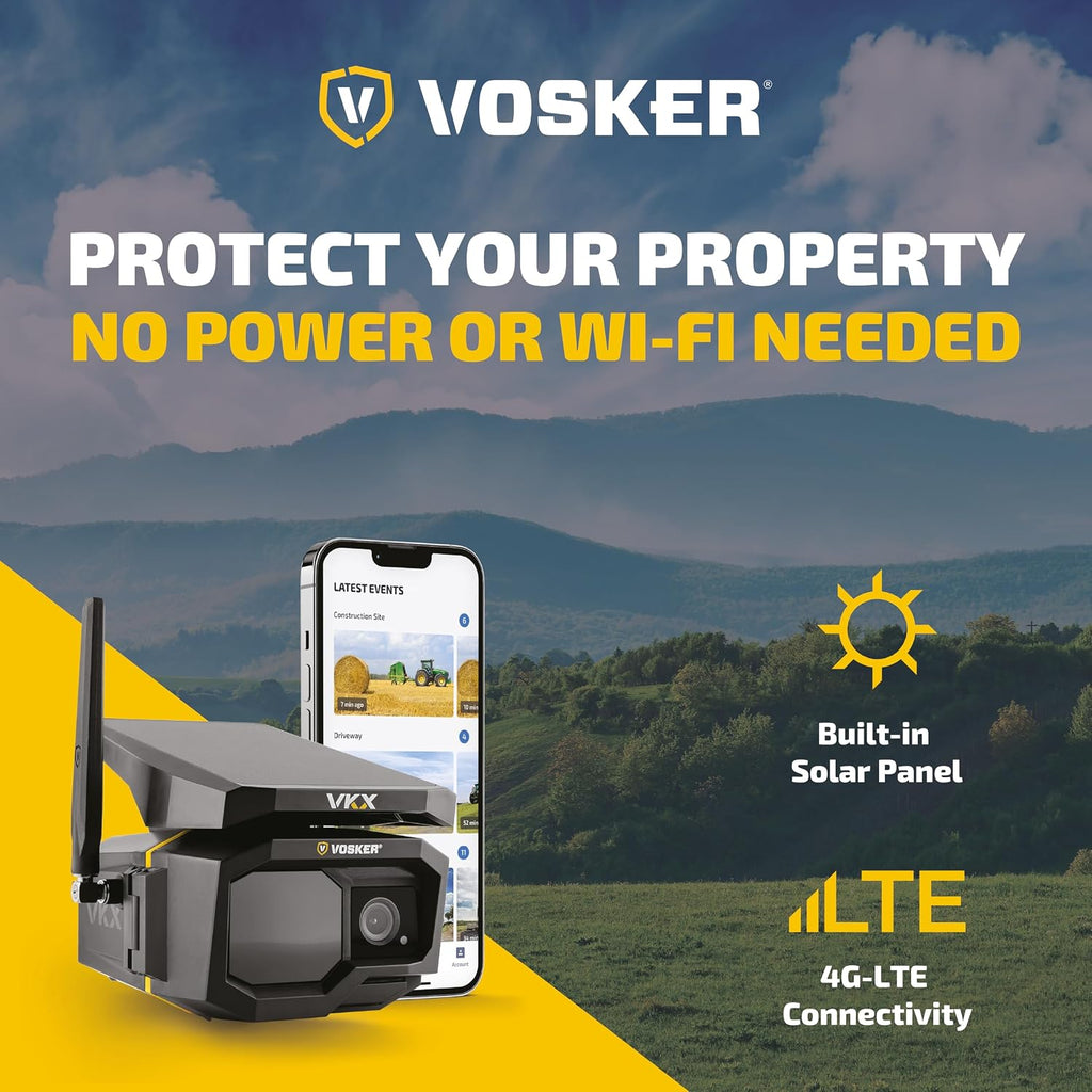 Vosker VKX Farmers Pack Solar 4G LTE Security Camera, Wireless Outdoor Surveillance for Farms, Sheds and Rural Properties, No Wi-Fi Needed, SIM Card Included Night Vision, IP65 Weather-Resistant