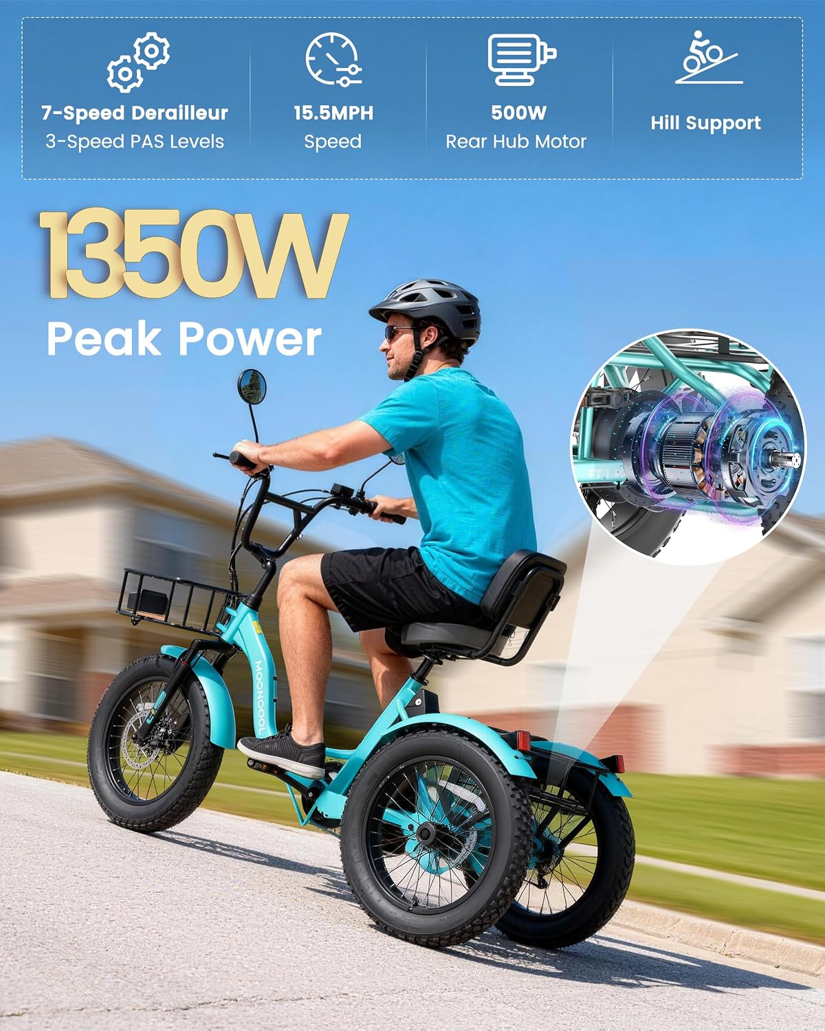 MOONCOOL Electric Tricycle for Adults, 20' x 4' Fat Tire Electric Trike, 48V 500W 3 Wheel Electric Bike, 7 Speed E Trikes for Adults with Removable Battery, Aluminum Frame & Large Basket