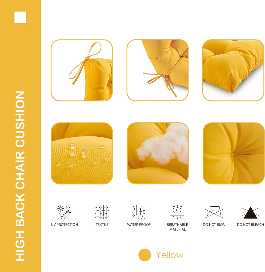 Outdoor Indoor High Back Chair Cushions Set of 4,Waterproof All-Weather Patio Adirondack Rocking Chair Cushions,Seat Back Chair Cushion for Outdoor Furniture with Ties,45x22 Inch, Yellow