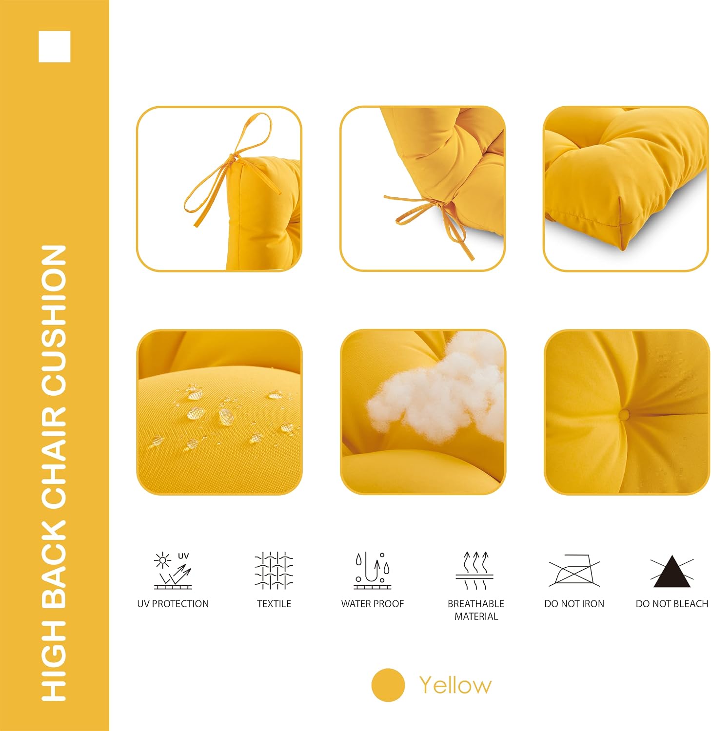 Outdoor Indoor High Back Chair Cushions Set of 4,Waterproof All-Weather Patio Adirondack Rocking Chair Cushions,Seat Back Chair Cushion for Outdoor Furniture with Ties,45x22 Inch, Yellow