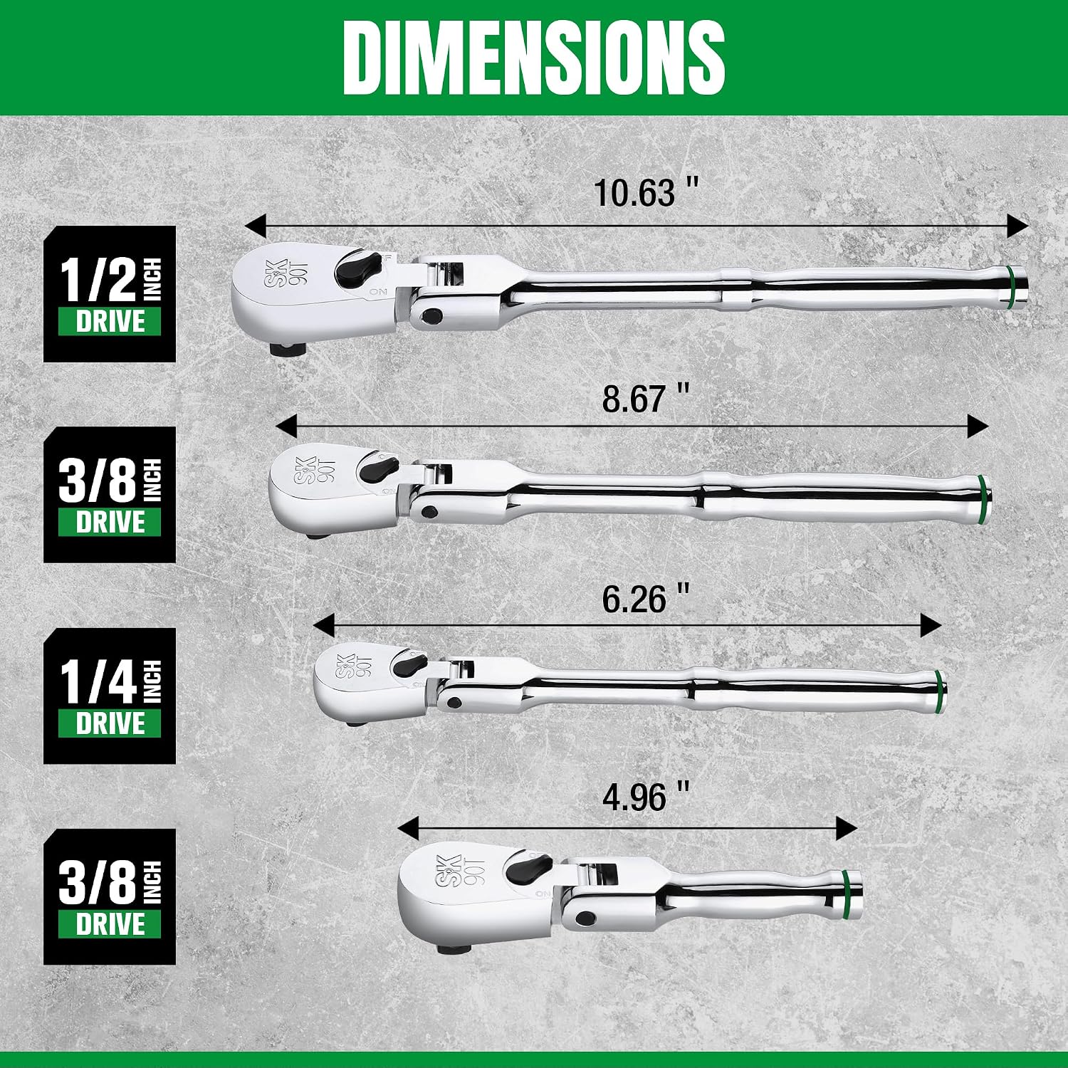 SK 4-Piece Flex-Head Ratchet Set, 1/4', 3/8', 1/2' Drive Ratchet, 90-Tooth, Premium CR-V Construction, Reversible Design, with Contoured Handle